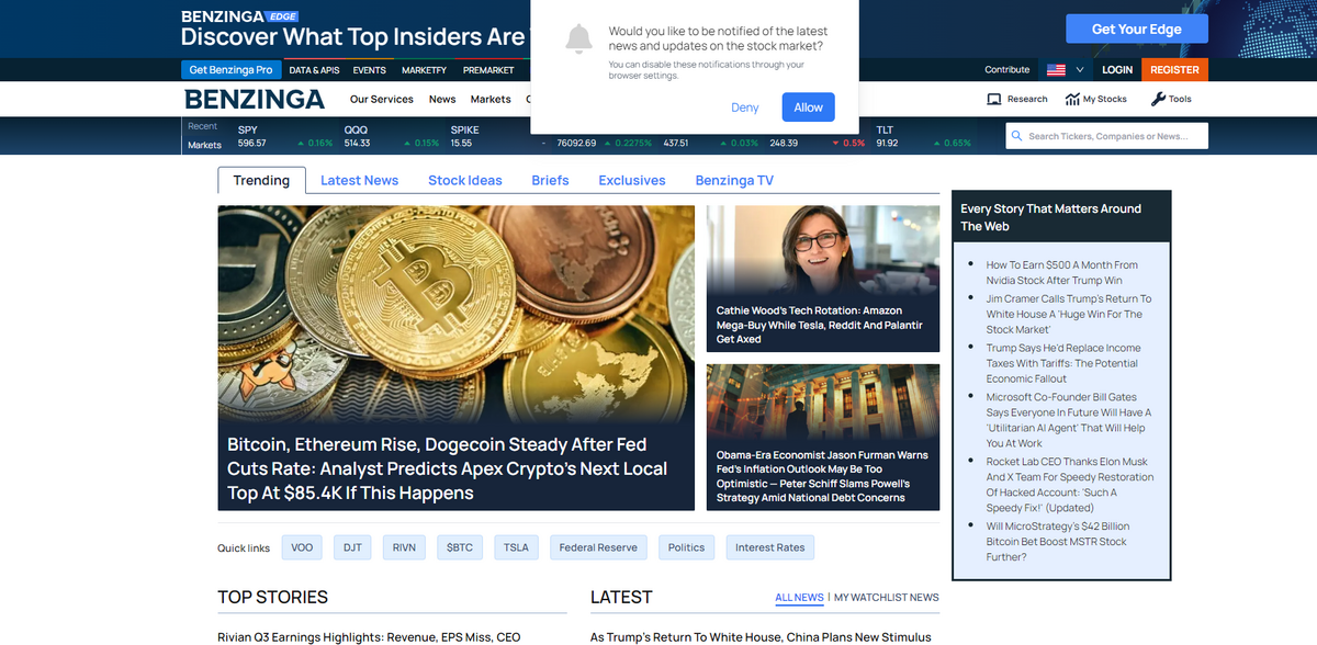 Benzinga financial portal