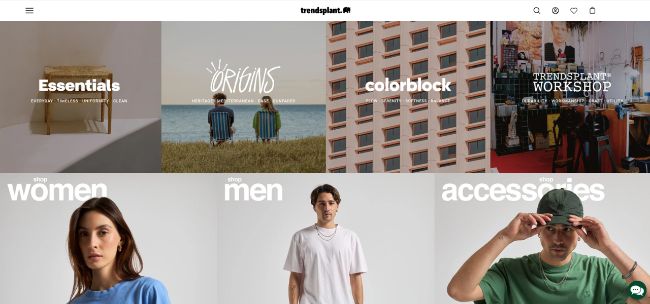 Trendsplant homepage showing Essentials, Origins, Colorblock, and Workshop collections